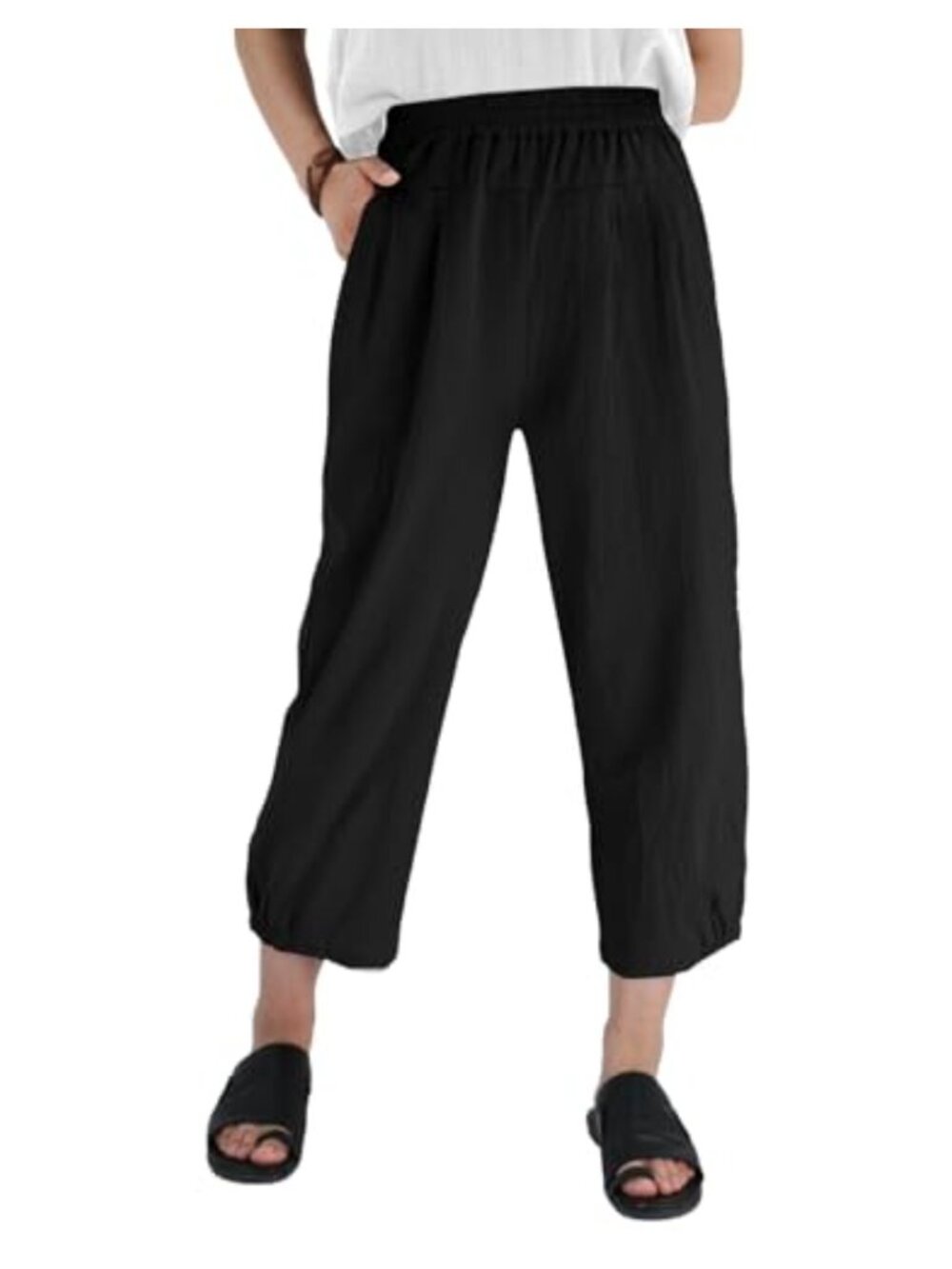 Women's Cotton Capri Pants Elastic Waist Loose Harem Pants with Pockets